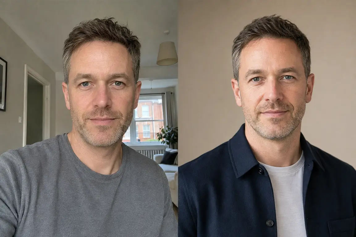 Illustrative same-person headshot transformation